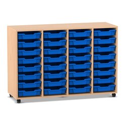 Flexeo Regal PRO Buche hell, HxBxT: 99.1 x 143.9 x 48 cm, 4 Reihen, 32 kleine Boxen blau, Rollen