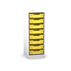 Flexeo Regal PRO mit 1 Reihe und 8 kleinen Boxen Dekor wei, Sockel, Boxen gelb
