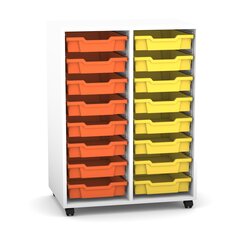 Flexeo Regal PRO mit 2 Reihen, Rollen, inkl. 16 kleine Boxen orange/gelb, Dekor: wei