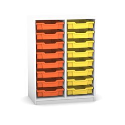 Flexeo Regal PRO mit 2 Reihen und 16 kleinen Boxen Dekor wei, Sockel, Boxen orange gelb