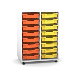 Flexeo Regal PRO mit 2 Reihen und 16 kleinen Boxen Dekor wei, Stellfe, Boxen orange gelb