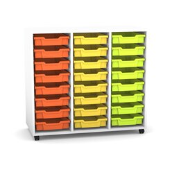Flexeo Regal PRO wei, 3 Reihen, Rollen, 24 kleine Boxen orange/gelb/grn, HxBxT: 99,1 x 108,5 x 48 cm