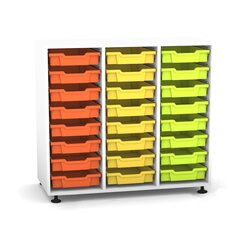 Flexeo Regal PRO mit 3 Reihen und 24 kleinen Boxen Dekor wei, Stellfe, Boxen orange gelb grn