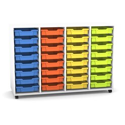 Flexeo Regal PRO mit 4 Reihen, Rollen, inkl. 32 kleine Boxen orange/gelb/grn/hellblau Dekor: wei