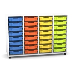 Flexeo Regal PRO wei, HxBxT: 99.1 x 143.9 x 48 cm, mit 4 Reihen, Rollen, inkl. 32 kleinen Boxen bunt A