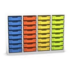Flexeo Regal PRO mit 4 Reihen und 32 kleinen Boxen Dekor wei, Sockel, Boxen orange gelb grn hellblau
