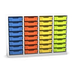 Flexeo Regal PRO, HxBxT: 99.1 x 143.9 x 48 cm, mit 4 Reihen und 32 kleinen Boxen Dekor wei, Sockel, Boxen orange gelb grn hellblau