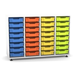 Flexeo Regal PRO mit 4 Reihen und 32 kleinen Boxen Dekor wei, Stellfe, Boxen orange gelb grn hellblau