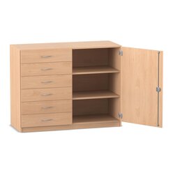 Flexeo Schrank mit 6 kleinen Schubladen, 3 Fchern und 1 Tr, Ahorn honig, 99,1 x 126,4 x 60 cm, Bogengriff mit Schloss