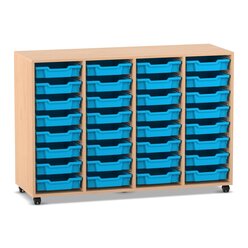 Flexeo Regal PRO mit 4 Reihen und 32 kleinen Boxen Dekor Buche hell, Stellfe, Boxen hellblau