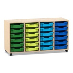 Flexeo Regal PRO, 4 Reihen, 24 kleine Boxen grn-blau, Ahorn honig mit Rollen