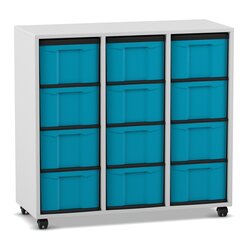 Flexeo Regal, 3 Reihen, 12 groe Boxen blau, Dekor grau, mit Sockel