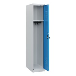 C+P Spind Evolo PLUS, lichtgrau, 1 Abteil, 1530x300x500mm, Tren lichtblau, Bodengleiter, Zylinderschloss