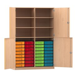 Flexeo Halbtrenschrank, Buche hell, Bogengriff mit Schloss, 32 kleinen Boxen bunt, Tiefe 50 cm