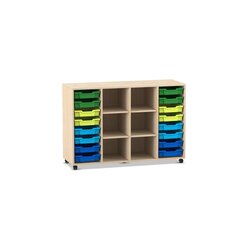 Flexeo Regal PRO, Ahorn honig, 4 Reihen, 16 kleine Boxen, bunte Variante B, Rollen, HxBxT: 99,1x143,9x48 cm
