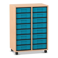 Flexeo Regal, Buche hell, 92,3 x 66,5 x 40,8, 2 Reihen, 16 kleine Boxen blau, Sockel