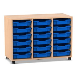 Flexeo Regal PRO, Buche hell, mit 3 Reihen und 18 kleinen Boxen blau, Sockel