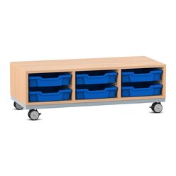 Flexeo Regal Pro mit Stahlrahmen, Buche hell, 3 Reihen, 6 kleine Boxen blau HxBxT: 36,5x108,5x48 cm