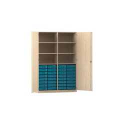Flexeo Hochschrank mit Drehtren, Ahorn Honig, 190x126,4x60 cm, 32 kleine Boxen blau, Dreholive