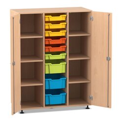 Flexeo Regalschrank PRO, Buche hell, 3 Reihen, 9 Boxen S und M, bunt A, 2 Tren, Sockel, Schloss