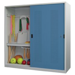 Sportgerteschrank Typ I+III lichtgrau, Schiebetren blau, H/B/T 195 x 200 x 60 cm