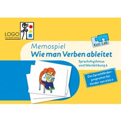Kon-Lab Memospiel Wie man Verben ableitet, Lernspiel mit Anleitung für Eltern, 0-10 Jahre