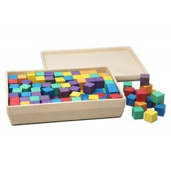 W�rfel in 6 Farben 2x2x2 cm RE-WOOD�, 150 St�ck in RE-Wood� Box und Kartonh�lle