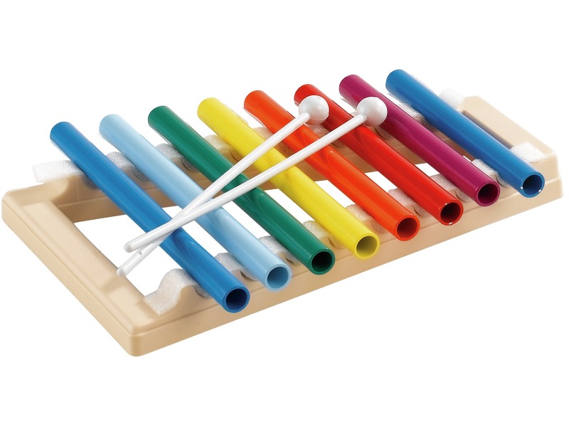 Röhrenglockenspiel mit 8 Aluminiumrohren und 2 Schlägeln, ab 3 Jahren