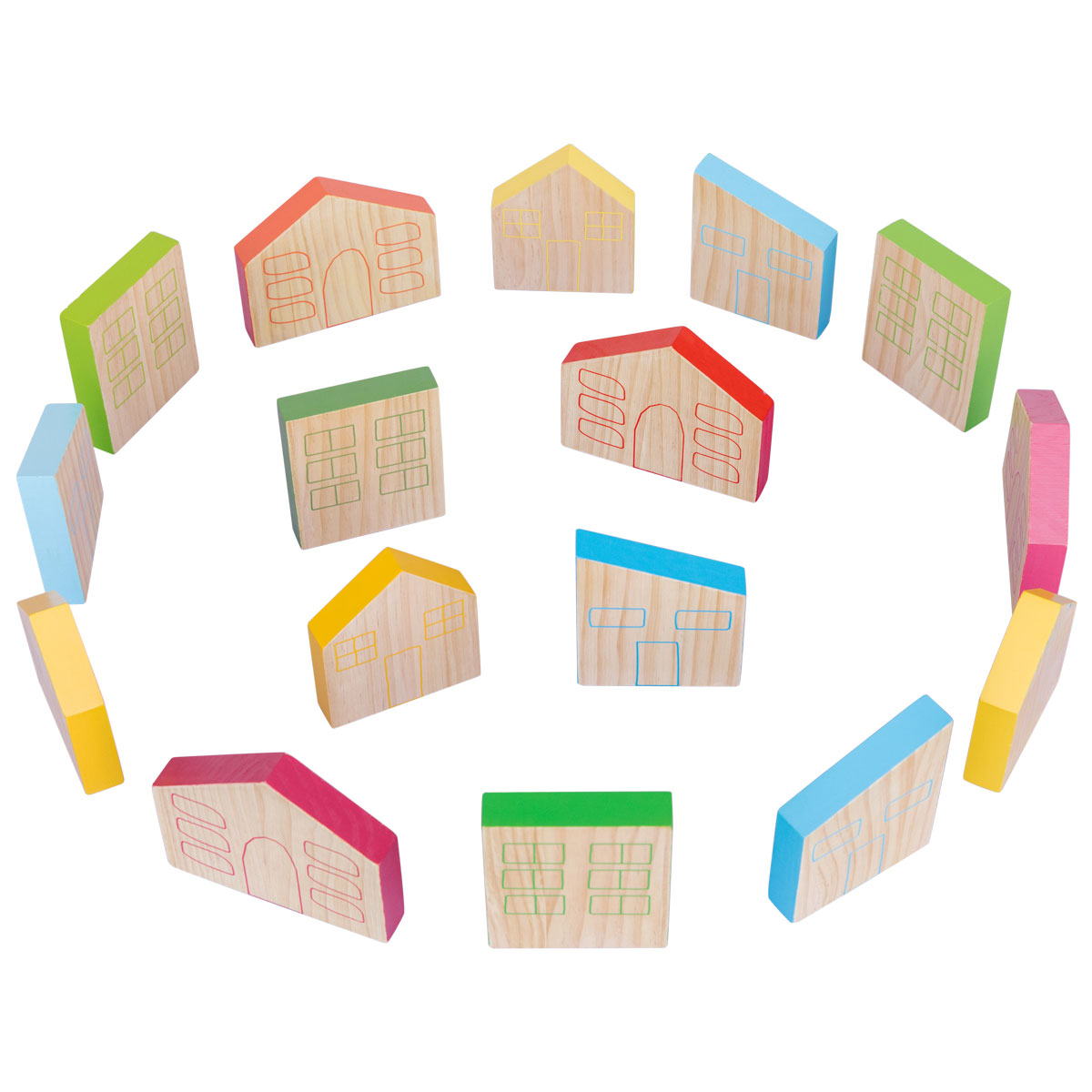 Holzbausteine-Set, Bunte Häuser, 16-teilig