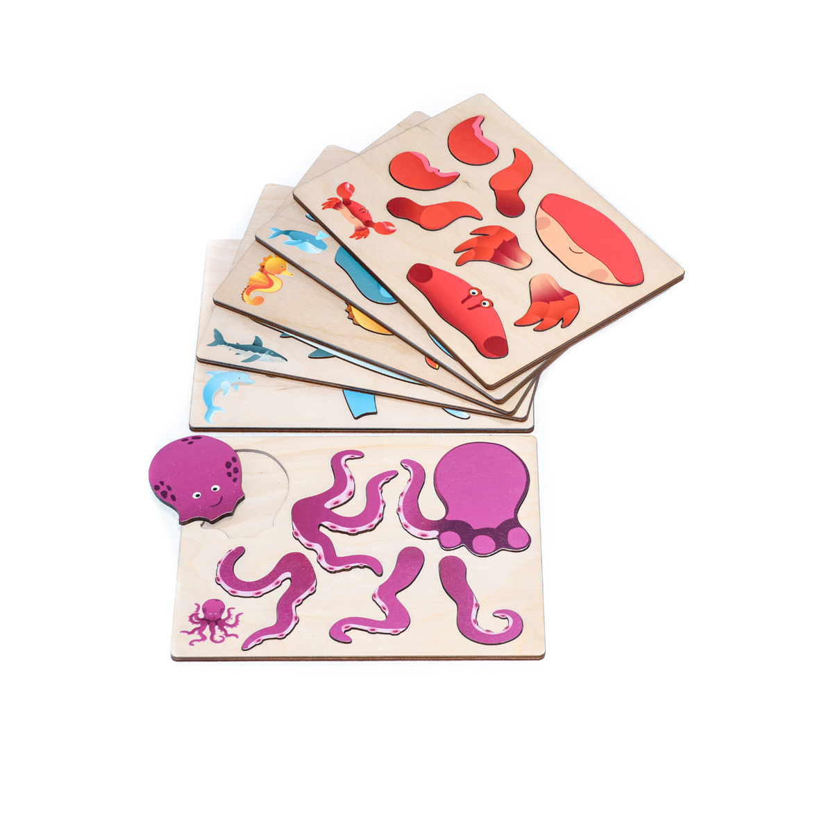 Magnetpuzzle Meerestiere, 6er Set, magnetische Puzzleteile in Holzbox, 4 mm Stärke