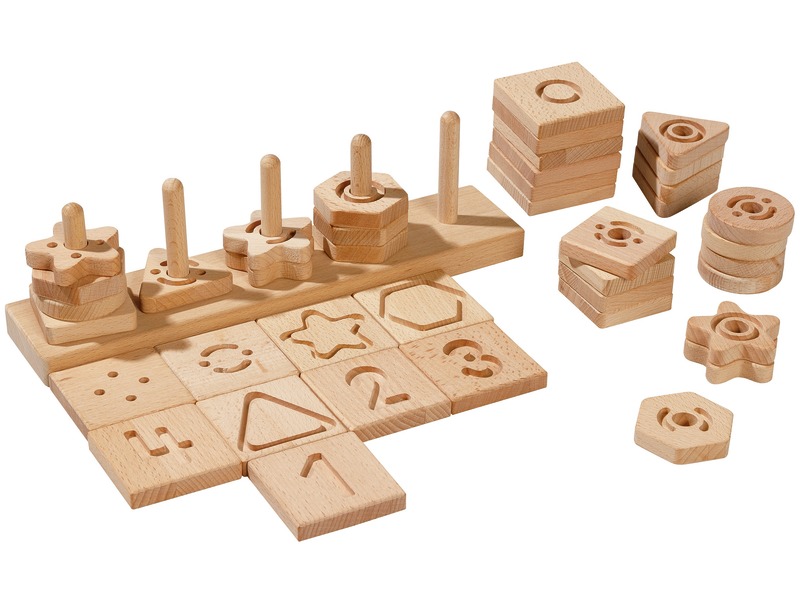 Abakus mit geometrischen und taktilen Formen aus Holz, ab 2 Jahren
