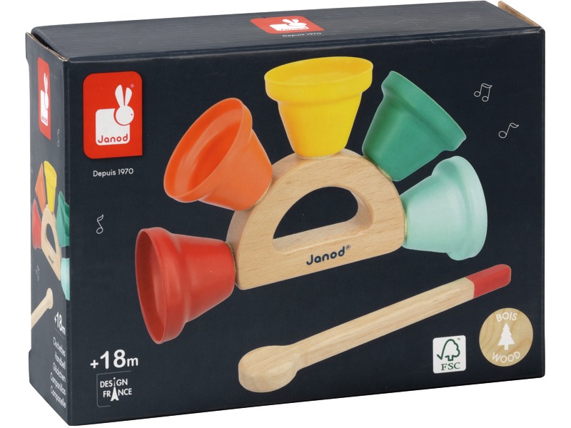 Glöckchenspiel aus Holz mit Griff und 5 Glöckchen, ab 18 Monaten