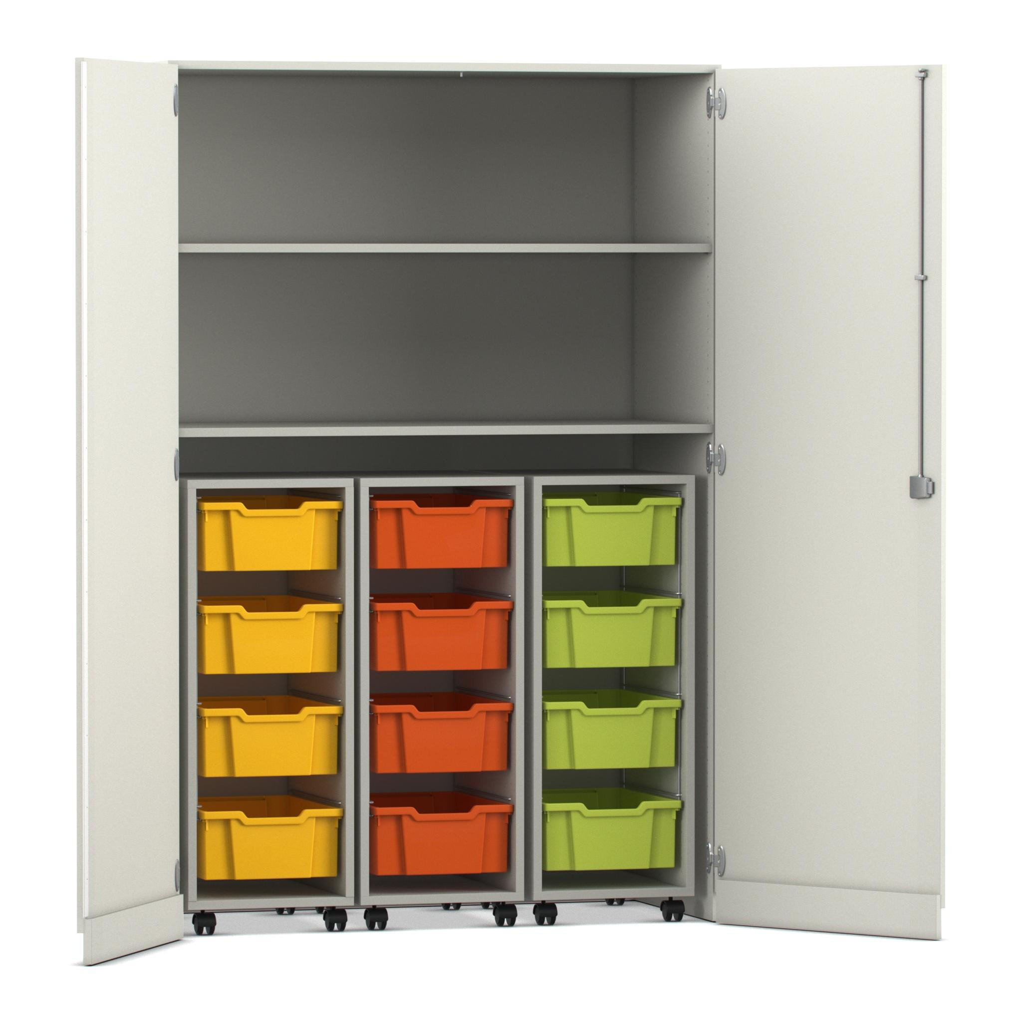 Flexeo® Garagenschrank PRO, Dekor weiß, HxBxT: 190 x 126,4 x 60 cm, 3 Rollcontainer, 12 Boxen bunt A, Dreholive