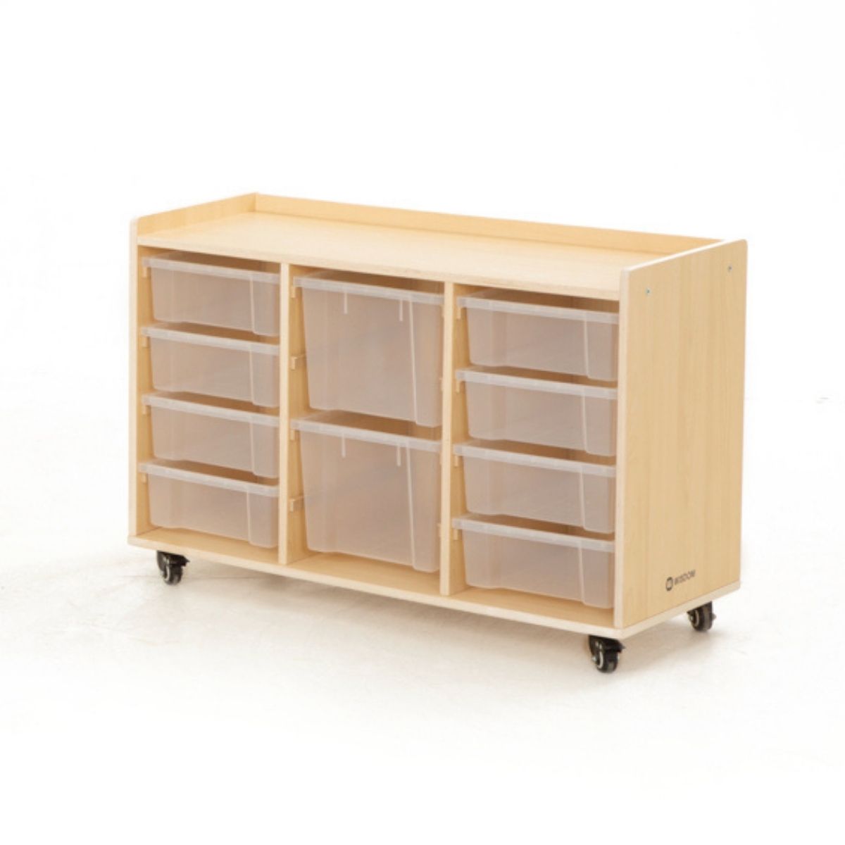 Mobiles Kinder-Regal, niedrig, 8 kleine und 2 große Boxen, mit Rollen, 86x39x60 cm, Ahorn