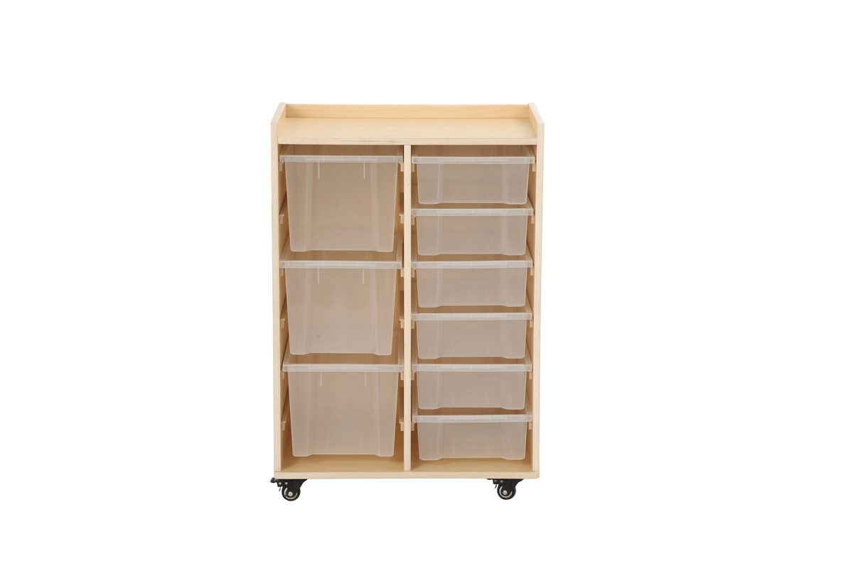 Mobiles Kinder-Regal, hoch, 6 kleine und 3 große Boxen, mit Rollen, 58x39x83 cm, Ahorn