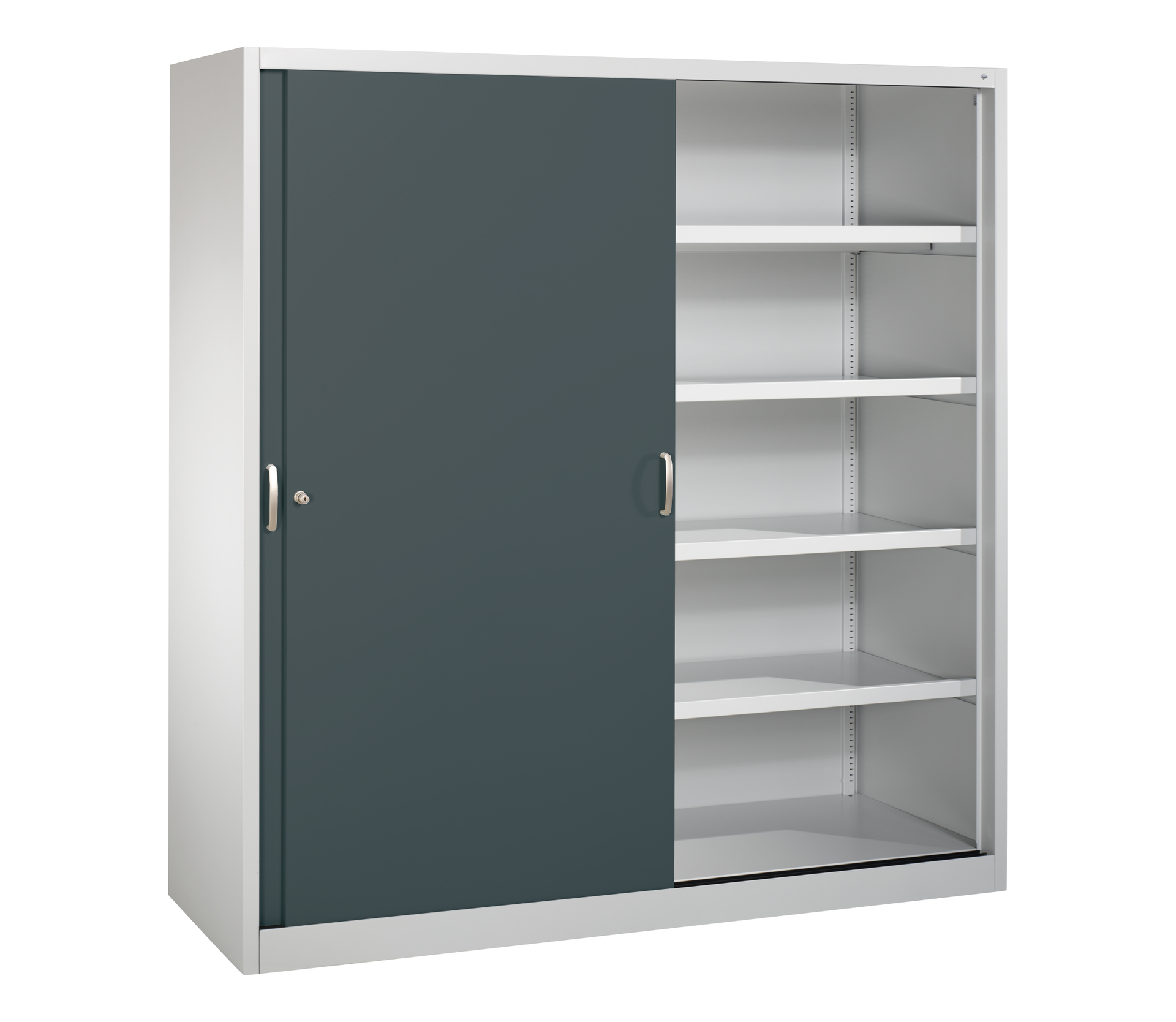 C+P Sportgeräteschrank mit Schiebetüren und 4 Einlegeböden, 1950 x 1900 x 600 mm, lichtgrau/anthrazitgrau