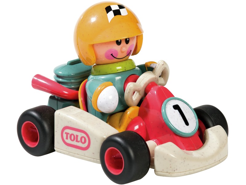 Spielfigur mit Go-Kart und Rückziehmotor, Naturfarben, ab 1 Jahr