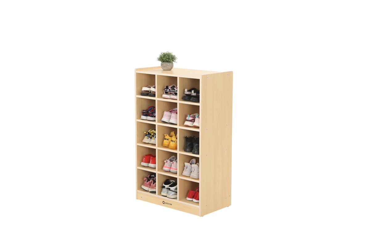 Kinder-Schuhregal, hoch, 15 Fächer, 64x35x100 cm, Ahorn