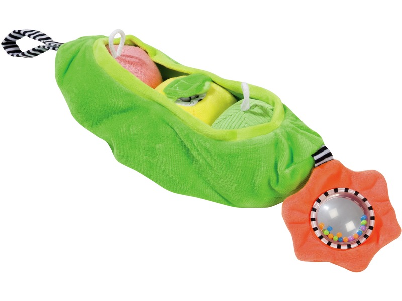 Baby-Rassel mit drei kleinen Erbsen aus Stoff, ab 6 Monaten