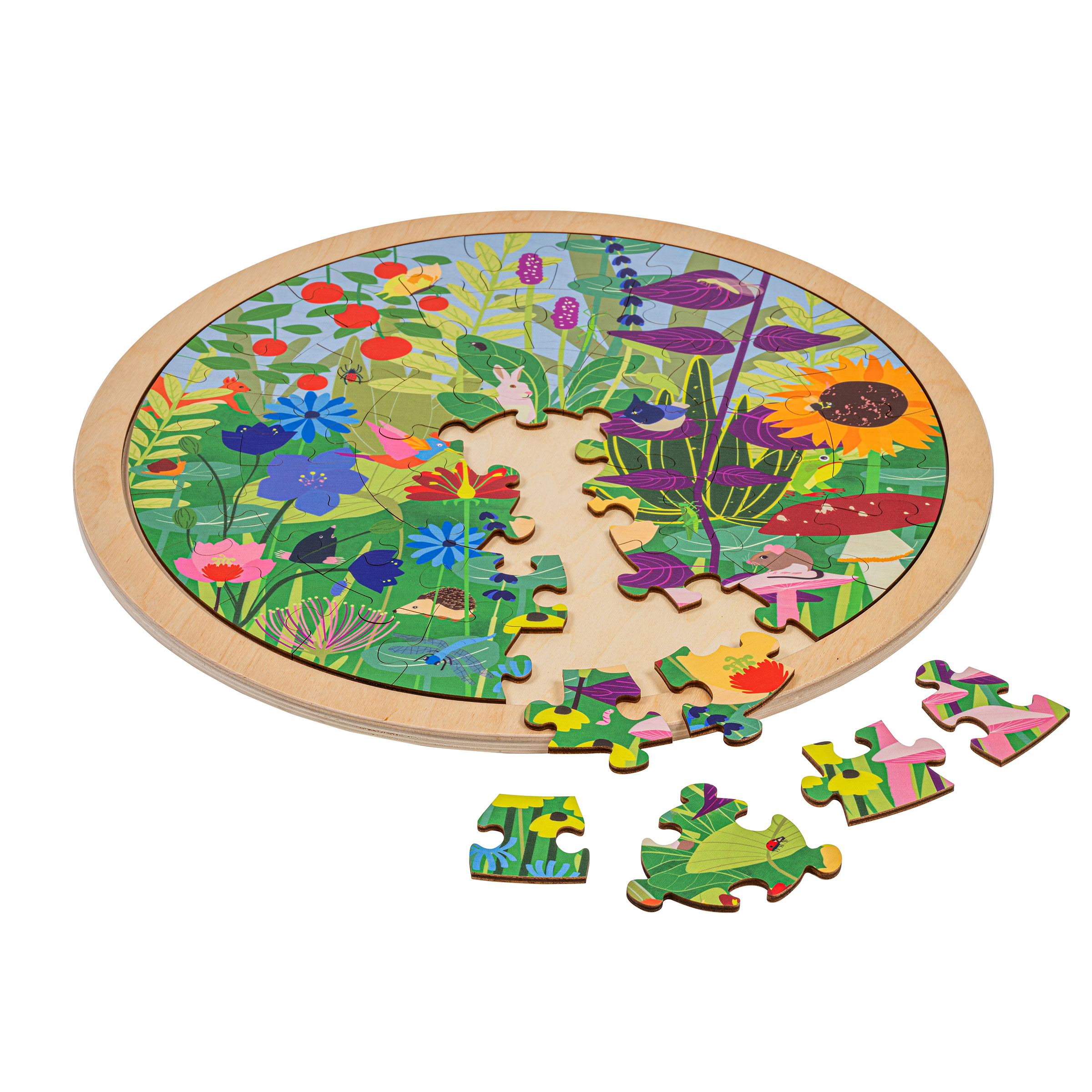 Puzzle Lebensräume Garten aus Holz – 49 Teile, rundes Format