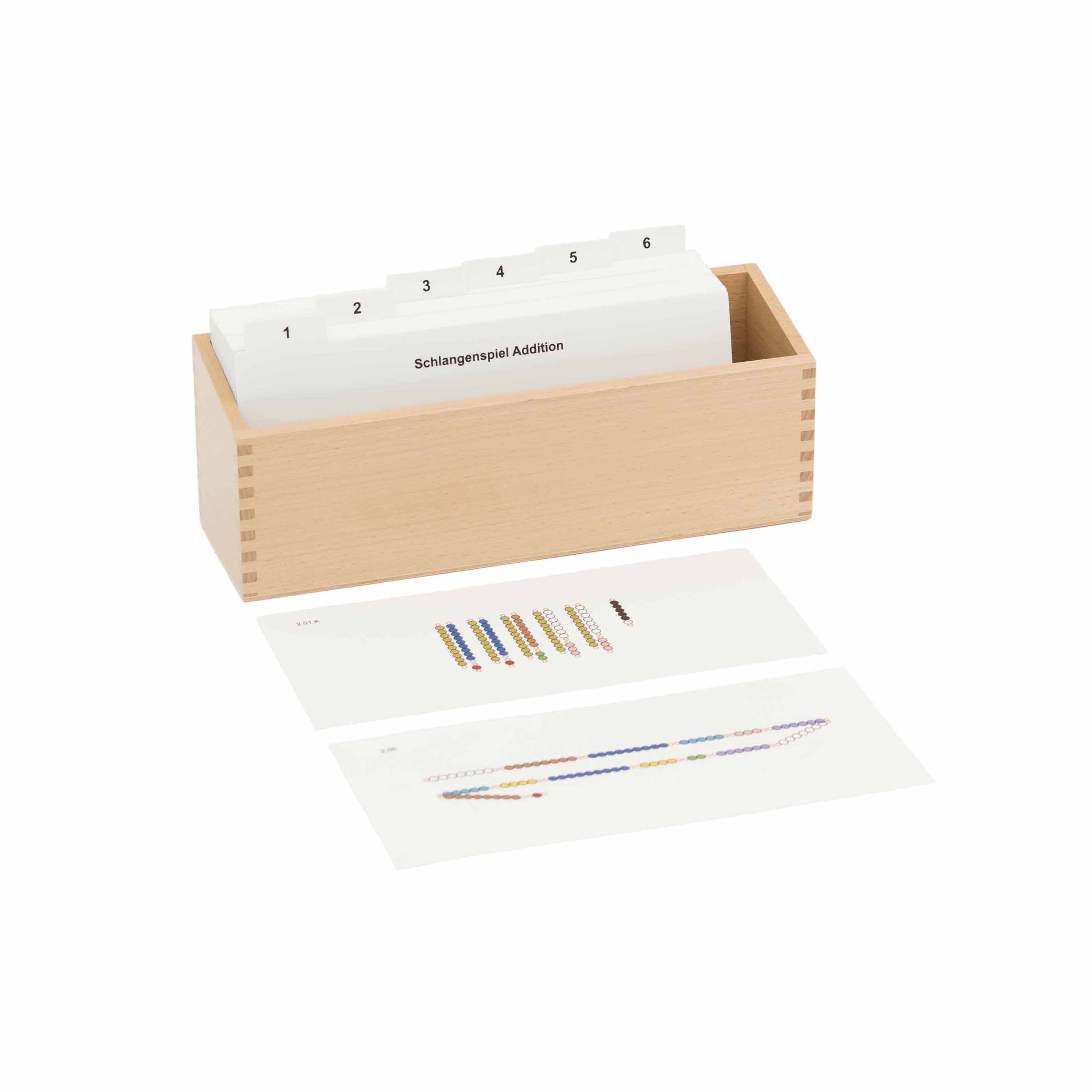 Kasten mit Aufgaben für das Schlangenspiel zur Addition - Montessori Mathematik