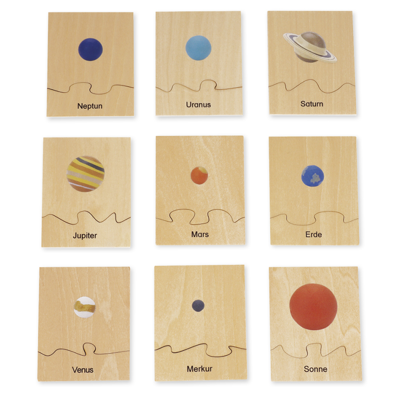 Montessori Sonnensystem aus Holz, 8 Planeten, in Holzbox