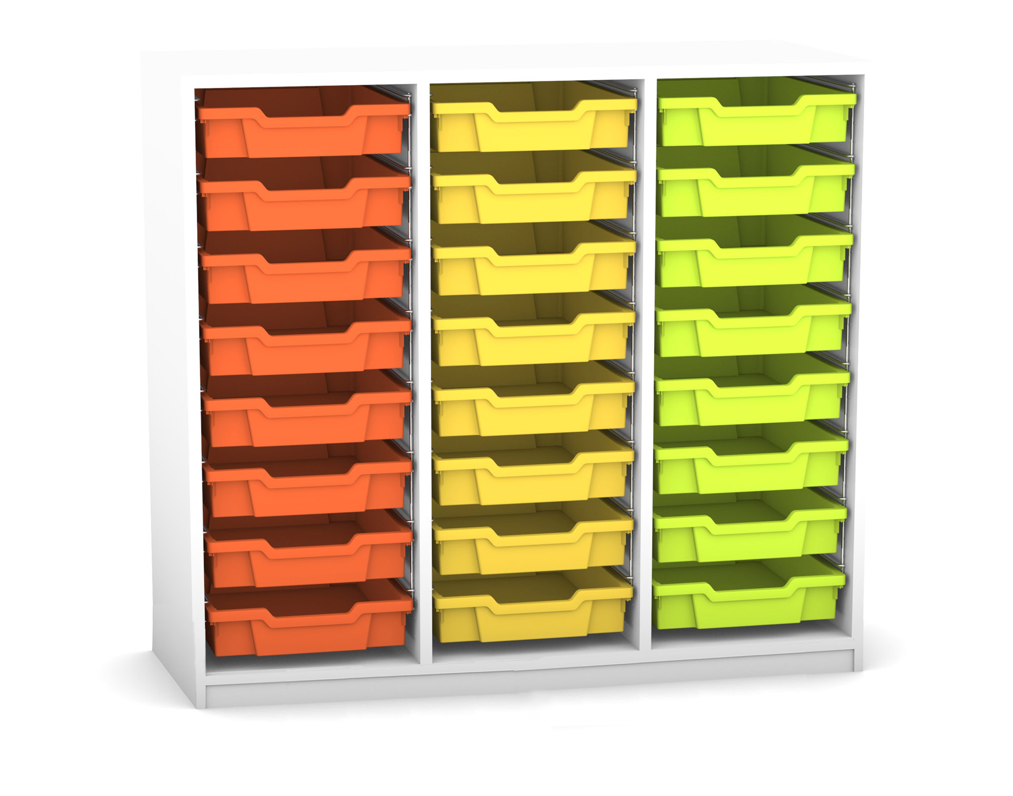Flexeo Regal PRO mit 3 Reihen und 24 kleinen Boxen Dekor weiß, Sockel, Boxen orange gelb grün