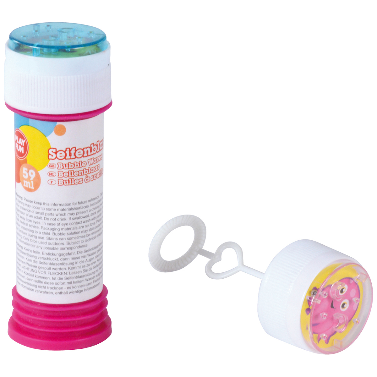 Seifenblasen 24er Set, 59 ml Fläschchen, Schraubverschluss mit Geduldsspiel