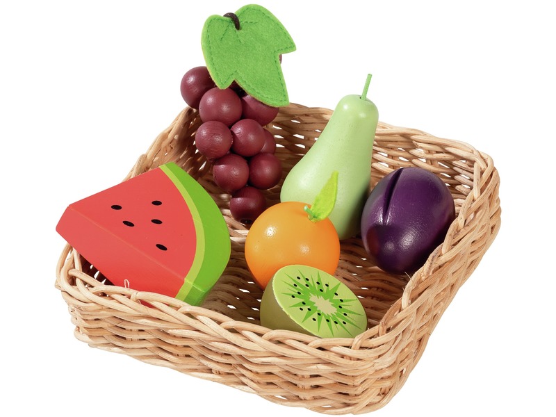 Kaufladen-Zubehör Marktkiste Obst aus Holz, 6 Früchte, ab 3 Jahren