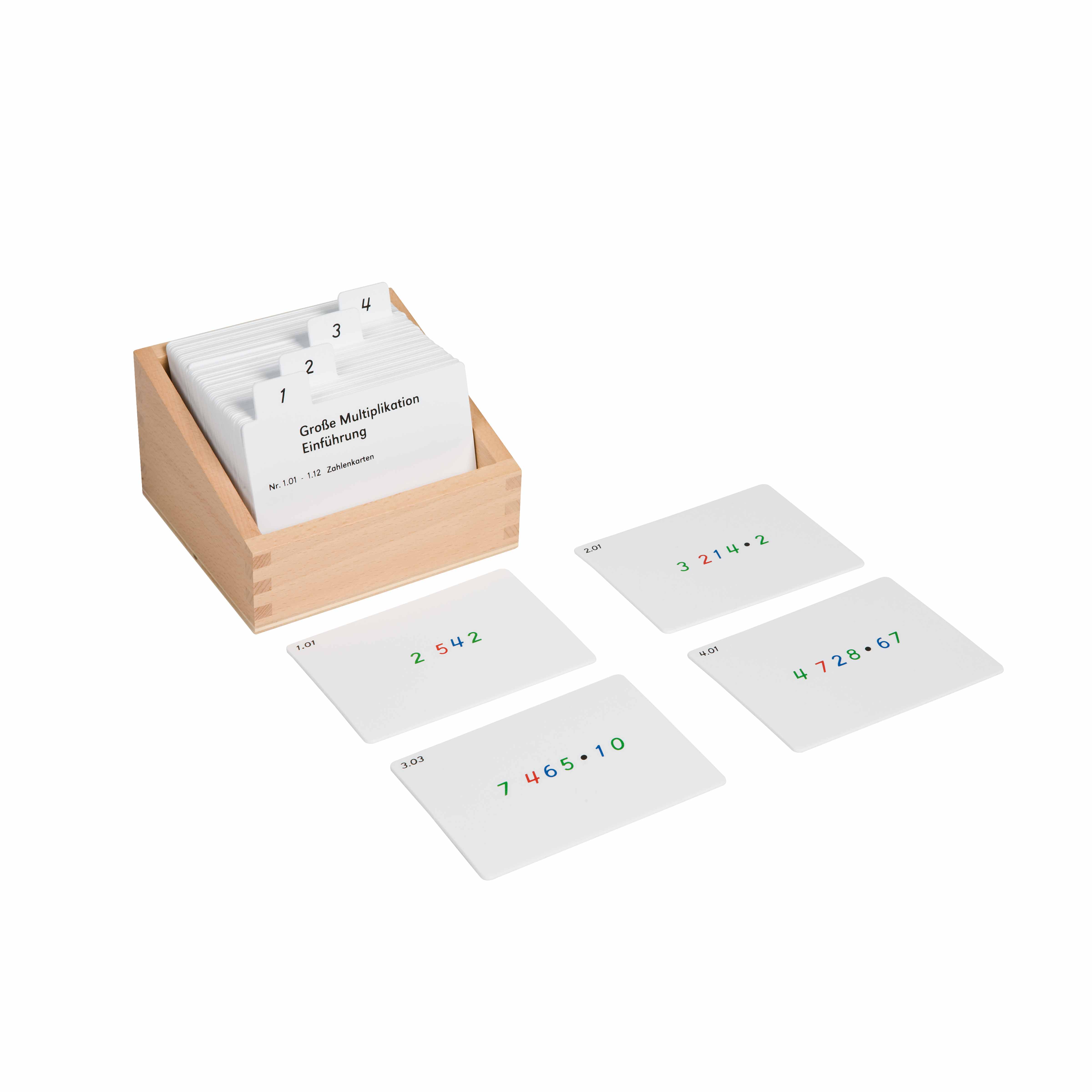 Kasten mit Aufgabenkarten für das große Multiplikationsbrett - Montessori Mathematik