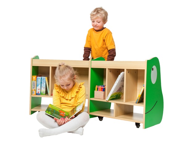 Kinder-Bücherwagen, Frosch, mit Rollen, aufklappbar, 60x74x60 cm