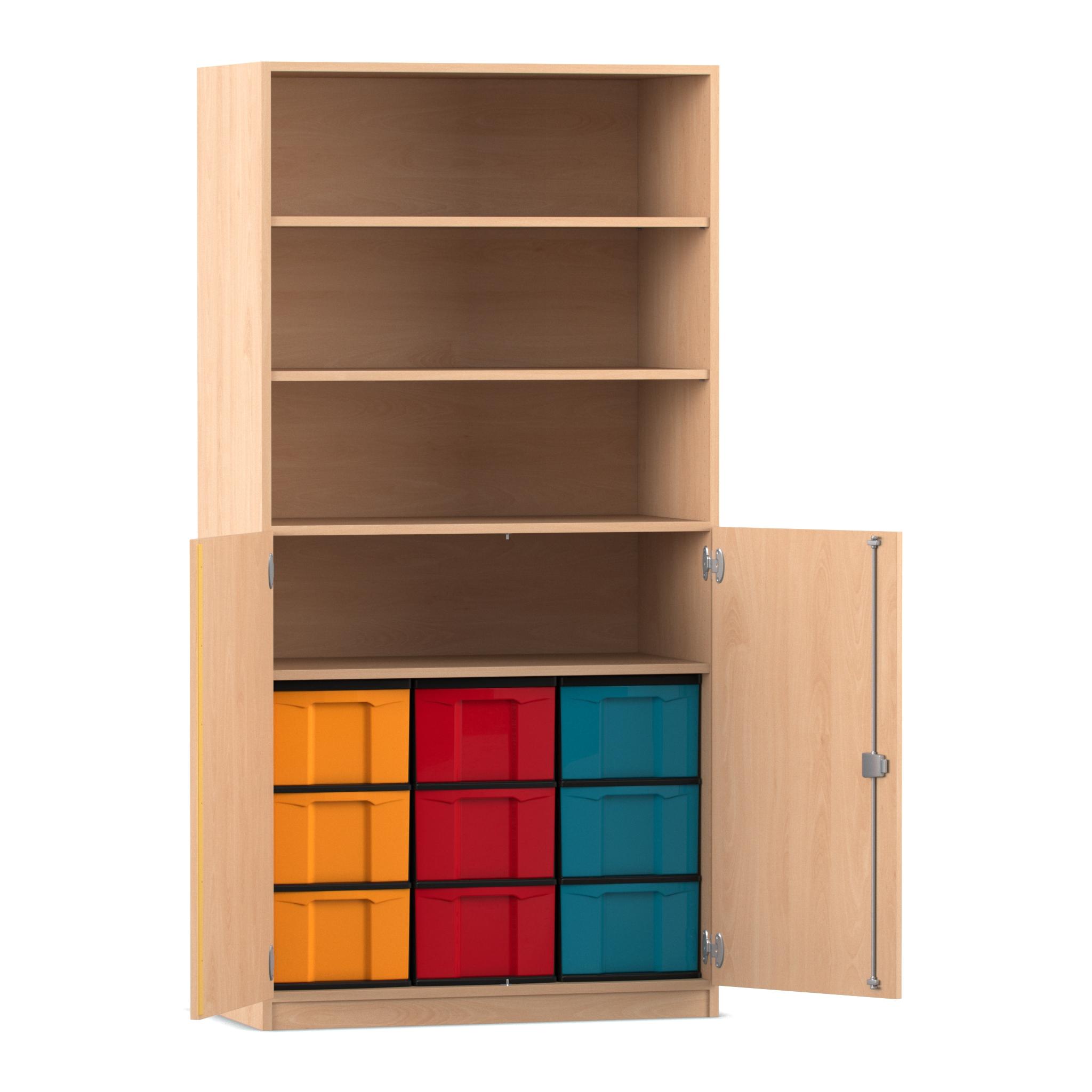 Flexeo® Schrank, Buche hell, 9 große Boxen bunt, 4 Fächer, 2 Halbtüren, HxBxT: 190x94,5x50 cm, Bogengriff mit Schloss