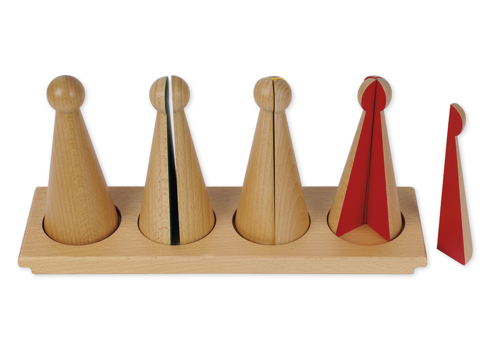 Montessori Kegel zum Bruchrechnen, Holz, farbige Innenseiten