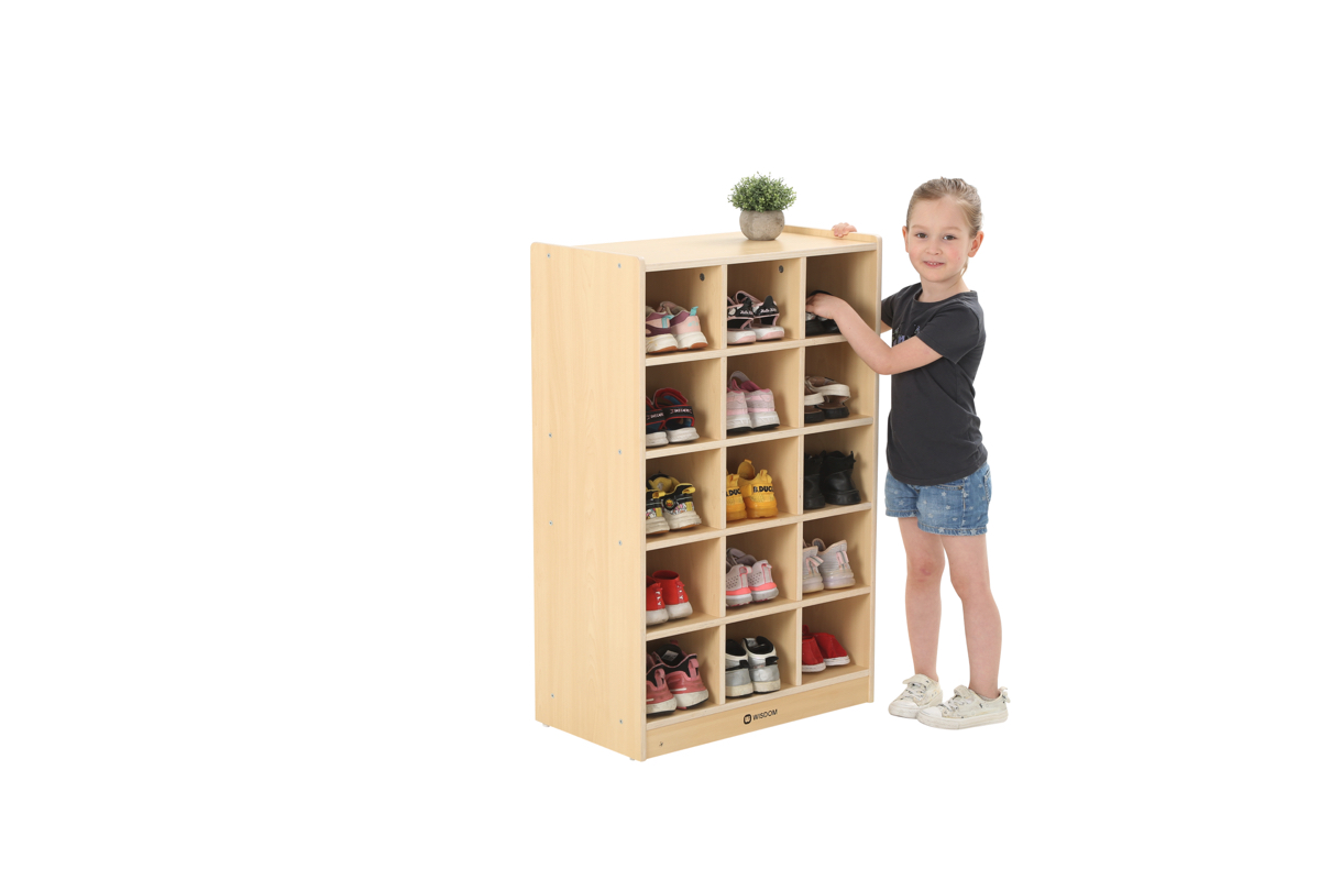 Kinder-Schuhregal, hoch, 15 Fächer, 64x35x100 cm, Ahorn